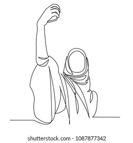 continuous single drawn one-line Muslim woman photographs a hand-drawn picture of a silhouette. Line art.