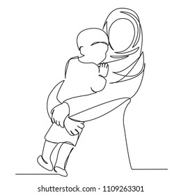 continuous single drawn one-line Muslim woman with child in hands hand-drawn picture silhouette. Line Art.