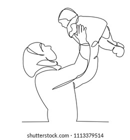 continuous single drawn one-line Muslim woman with child in hands hand-drawn picture silhouette. Line Art.