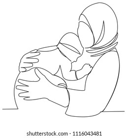 continuous single drawn one-line Muslim woman with child in hands hand-drawn picture silhouette. Line Art.