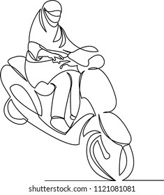 continuous single drawn one-line Muslim woman edging on a bike hand-drawn picture silhouette. Line art. the modern Muslim woman is the father of a scooter