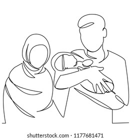 Continuous Single Drawn One-line Muslim Family With Newborn On Hand Hand-drawn Picture Silhouette. Line Art. Doodle