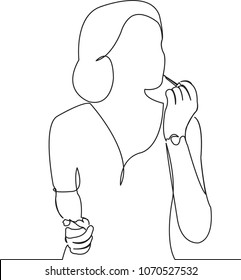 continuous single drawn one-line woman superimposes make-up hand-drawn picture silhouette. Line art. the woman powdered in front of the mirror