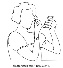continuous single drawn one-line woman superimposes make-up hand-drawn picture silhouette. Line art. the woman powdered in front of the mirror