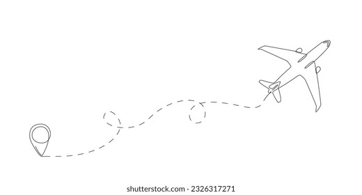 Continuous single line of Airplane path with flight route and starting point location. One line airplane route with start point and trace. Drawing for business, travel or journey Editable stroke