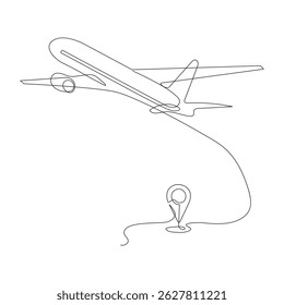 Continuous single line of Airplane path with flight route and starting point location.