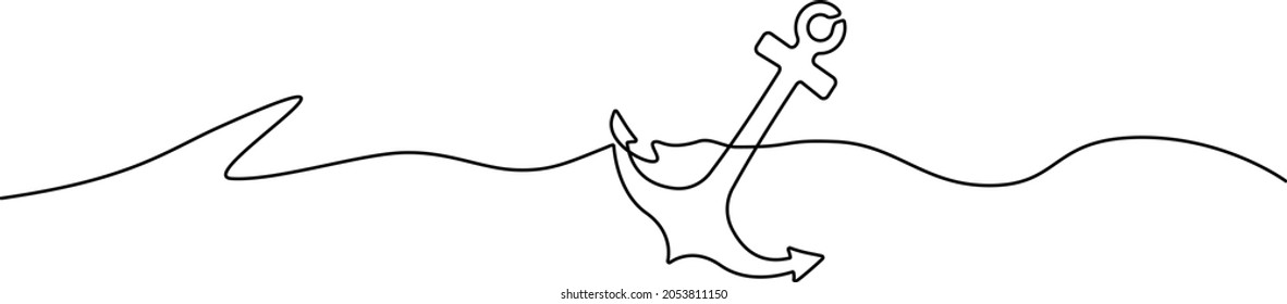 continuous single line anchor in sea, line art vector illustration