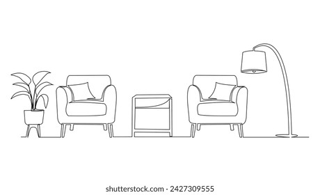 Continuous single line armchair, plant, floor lamp and table. One line drawing of Living room with modern furniture vector illustration