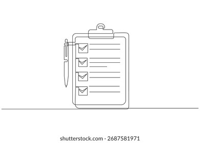 Lista de verificação contínua de arte de linha única na área de transferência com caneta para gerenciamento de tarefas e organização.