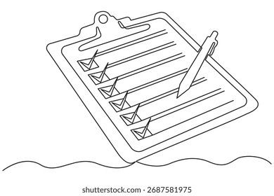 Continuous single line art Checklist on clipboard with pen for task management and organization.