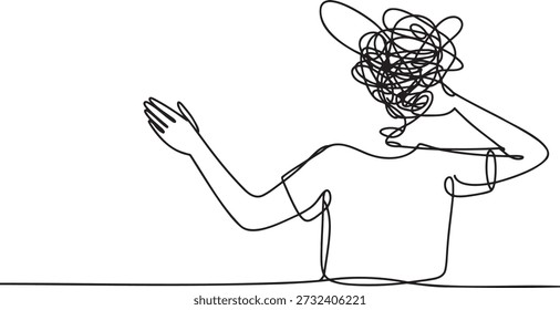 Arte contínua de linha única de pessoa confusa. Ilustração abstrata simbolizando ansiedade e estresse mental. Homem ou mulher frustrado sofrendo de colapso emocional. Rabisco emaranhado representando pensamentos emaranhados e caos interior. Desenho minimalista representando frustração e pressão psicológica.