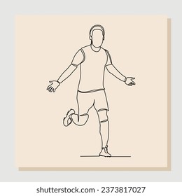 Continuous single line art drawing of football soccer player celebrating victory success goal on competition. Vector illustration one line art of sports concept