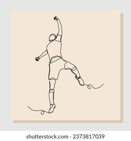 Continuous single line art drawing of football soccer player celebrating victory success goal on competition. Vector illustration one line art of sports concept