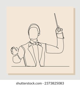 Continuous single line art drawing of music conductor directing concert orchestra performance with stick and notes book. Vector illustration one line sketch of music concept