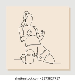 Continuous single line art drawing of football soccer player celebrating victory success goal on competition. Vector illustration one line art of sports concept