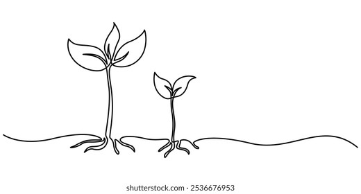 Desenho artístico de linha única contínuo do processamento do crescimento da planta do vetor do contorno da semente, Desenho de linha única de uma planta, Desenho de linha única de uma pequena planta, Desenho de linha contínua de uma planta