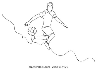 continuous single line art drawing football player in simple outline vector illustration