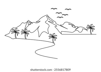 Continuous single line art drawing of mountain outline vector Design