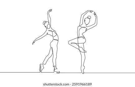 Continuous Single Line Art Drawing of Two Women Ballet Dance Pose. Minimalist female Ballerina Linear Drawing in Beauty Elegance Style. Vector Outline Doodle Hand Drawn Illustration. Not AI