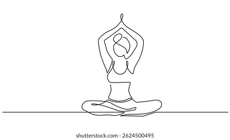 Continuous Single Line Art Drawing of Woman in Pose Lotus. Yoga Sport Minimalist Concept. Woman Athletic Linear Drawing Beauty Elegance Style. Vector Outline Doodle Hand Draw Illustration. Not AI