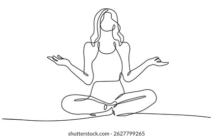 Continuous Single Line Art Drawing of Woman Yoga Pose Lotus. Yoga Sport Minimalist Concept. Woman Athletic Linear Drawing Beauty Elegance Style. Vector Outline Doodle Hand Draw Illustration. Not AI
