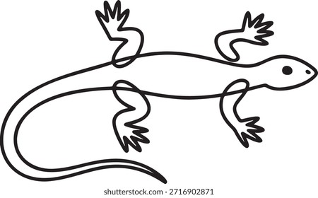 Desenho artístico de linha única contínuo de lagarto pequeno ou lagartixa com pés detalhados e cauda rastejando ao longo da superfície desenho artístico de linha contínua