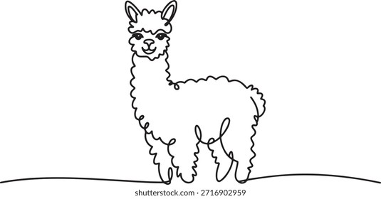 Desenho de arte de linha única contínua retrato de lhama adorável olhando para frente com textura de lã encaracolada desenho de arte de linha contínua