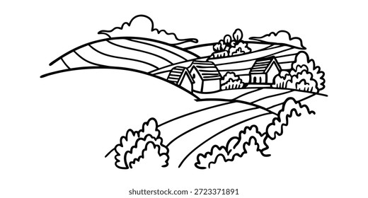 Dibujo de arte continuo de una sola línea de un encantador horizonte de pueblo con casas. Una encantadora ilustración minimalista de un Pequeño pueblo enclavado entre colinas onduladas.