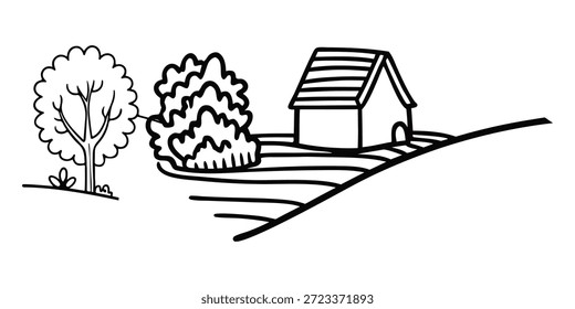 Dibujo de arte continuo de una sola línea de un encantador horizonte de pueblo con casas. Una encantadora ilustración minimalista de un Pequeño pueblo enclavado entre colinas onduladas.