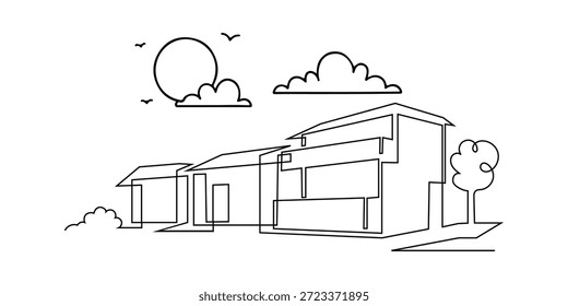 Dibujo de arte continuo de una sola línea de un encantador horizonte de pueblo con casas. Una encantadora ilustración minimalista de un Pequeño pueblo enclavado entre colinas onduladas.