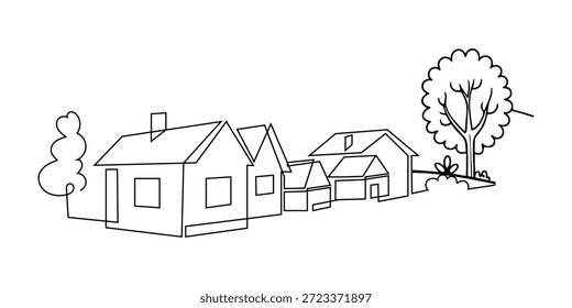 Continuous single line art drawing of a charming village skyline with houses. A charming minimalist line art illustration of a small village nestled among rolling hills.