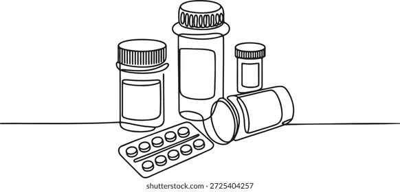 Desenho de arte de linha única contínua de vários recipientes de medicação. Ilustração minimalista de frascos de comprimidos de diferentes tamanhos e embalagem blister de cápsulas. Conceito de farmácia, farmácia, prescrição e tratamento médico. Símbolo de saúde e cura.