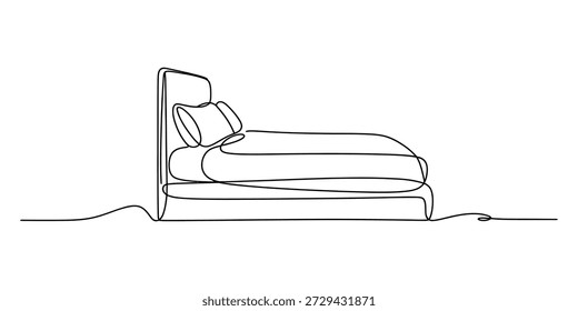 Dibujo continuo de una sola línea de arte de una cama minimalista con cabecero y Vector de almohada, ilustración