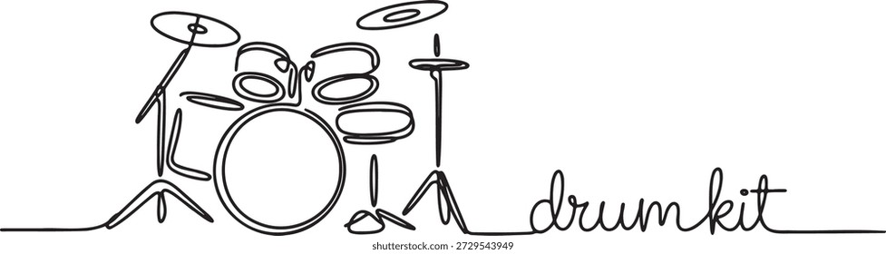 Desenho contínuo de arte de linha única de conjunto de bateria acústica usado na performance musical. Ilustração vetorial de instrumento de percussão completo com pratos e tambor baixo. Esboço de esboço de kit de bateria com texto manuscrito. Arte minimalista do equipamento de música.