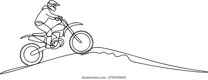 Desenho de arte de linha única contínua de desportista extremo montando bicicleta de terra sobre terreno acidentado. Ilustração vetorial de motociclista pulando sobre a colina. Esboço da competição de motocross. Arte minimalista da bicicleta.