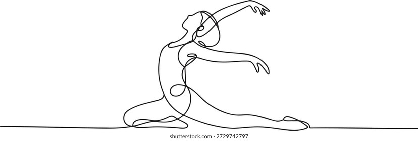 Continuous single line art drawing of elegant ballerina performing dynamic dance movement. Vector illustration of woman practicing classical ballet. Outline sketch of dancer in pose on knee. Minimalistic figure artwork.