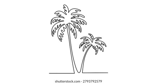 Continuous single line art drawing of two tropical palm trees standing together on a beach representing a simple summer vacation and island travel concept Vector, illustration