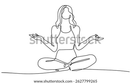 Continuous Single Line Art Drawing of Woman Yoga Pose Lotus. Yoga Sport Minimalist Concept. Woman Athletic Linear Drawing Beauty Elegance Style. Vector Outline Doodle Hand Draw Illustration. Not AI