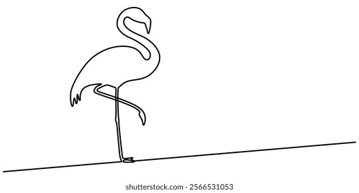 Continuous single line art of flamingo drawing ear and outline vector illustration, Flamingo bird in continuous one line art drawing. Vector illustration isolated. Minimalist design handdrawn, pro. 