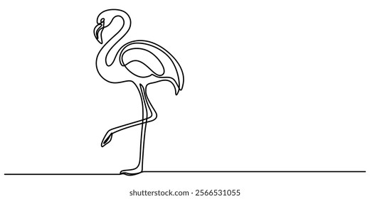 Continuous single line art of flamingo drawing ear and outline vector illustration, Flamingo bird in continuous one line art drawing. Vector illustration isolated. Minimalist design handdrawn, pro. 