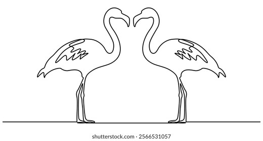 Continuous single line art of flamingo drawing ear and outline vector illustration, Flamingo bird in continuous one line art drawing. Vector illustration isolated. Minimalist design handdrawn, pro. 