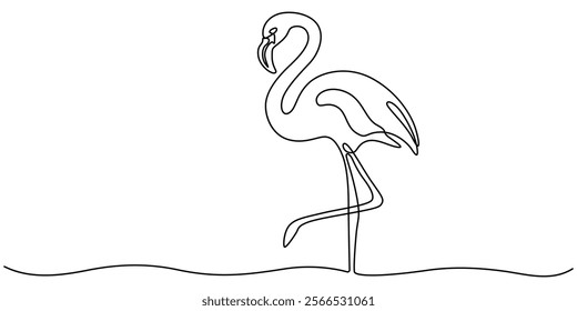 Continuous single line art of flamingo drawing ear and outline vector illustration, Flamingo bird in continuous one line art drawing. Vector illustration isolated. Minimalist design handdrawn, pro. 