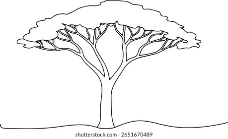 Continuous Single Line Art Illustration of a Majestic Tree with Detailed Branches and Leaves for Environmental Themes