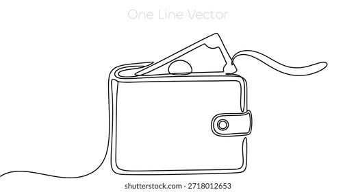 Una ilustración de arte de línea única continua de una cartera clásica que contiene billetes de papel que representan la riqueza, la banca y la gestión de finanzas personales sobre fondo blanco. Ilustración vectorial