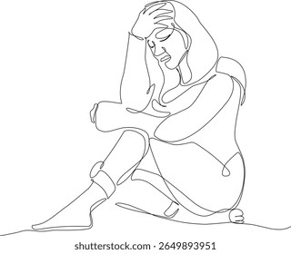 Continuous single line art or mono line art of woman hugging knees feeling depressed and sad mental health theme illustration 