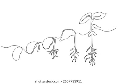 Arte continuo de una sola línea de brotes de semillas y etapas de crecimiento de plantas Vector botánico minimalista
