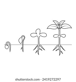 Continuous single line art of tree plant growth process illustration outline vector art.