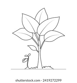 Arte continuo de una sola línea de la ilustración del proceso de crecimiento de plantas arbóreas que esboza el arte vectorial.