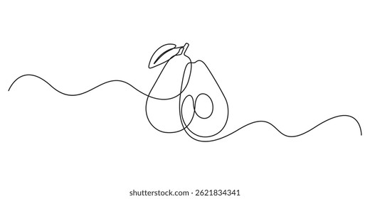 Abacate contínuo de linha única. Um desenho artístico de abacate, fruta orgânica saudável. Abacate rabiscar fundo branco isolado. Ilustração vetorial