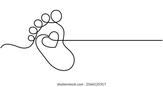 Continuous single line Baby foot one line style. Hand drawing. stock illustration, Little kids feet. Tiny foots. One single line drawing of feet. Continuous line. Hand-drawn design
 for posters.